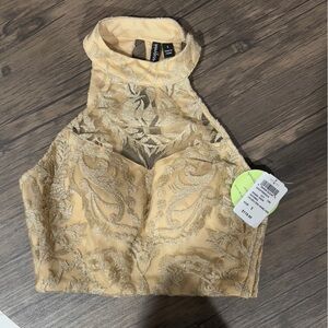 SPEECHLESS Size 1 Gold Cascade Formal Lace Sleevleess Midriff Halter Top.